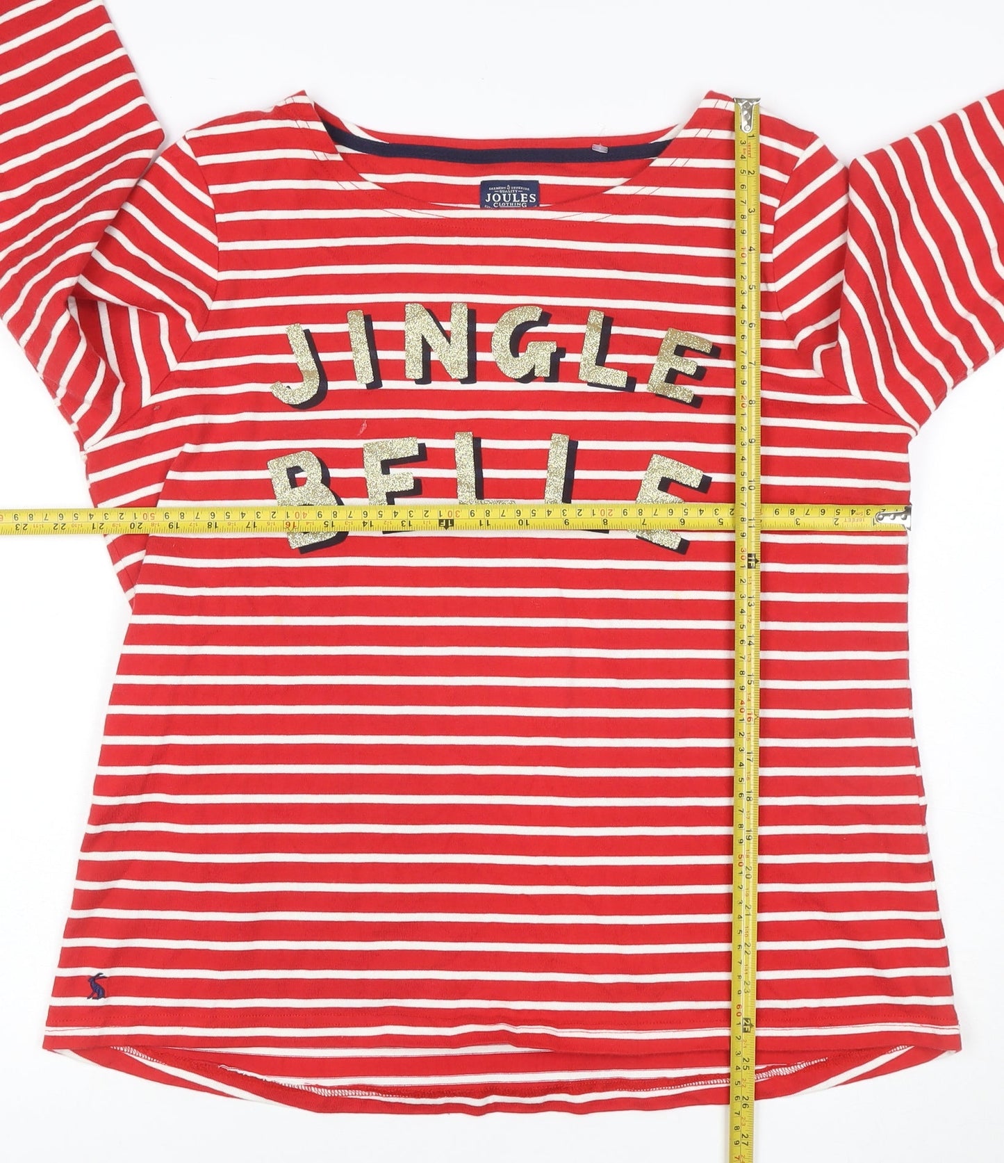 Joules Women's Red Striped Sequin Christmas Long Sleeve Cotton Top Size 14