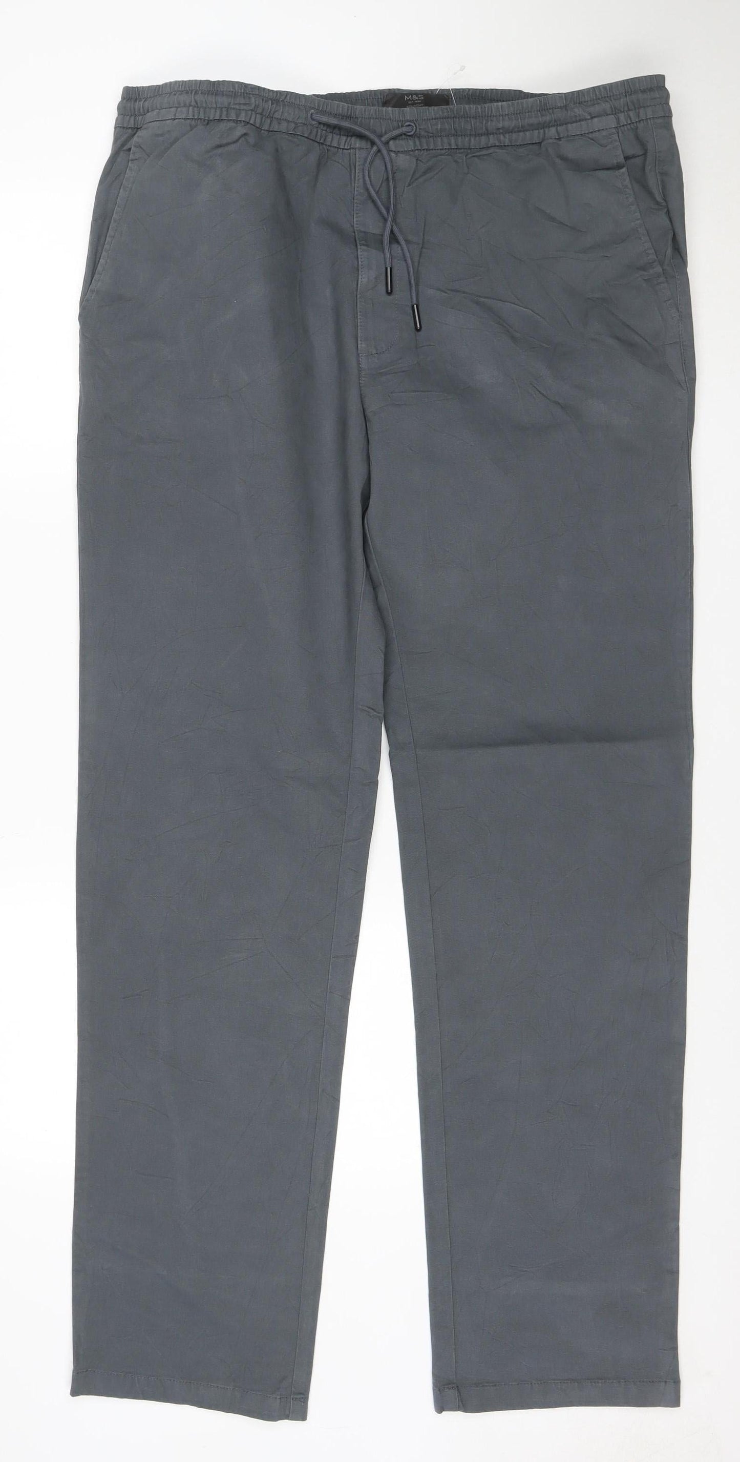 Marks and Spencer Men's Grey Cotton Straight Trousers 40/33 Elastic Waist