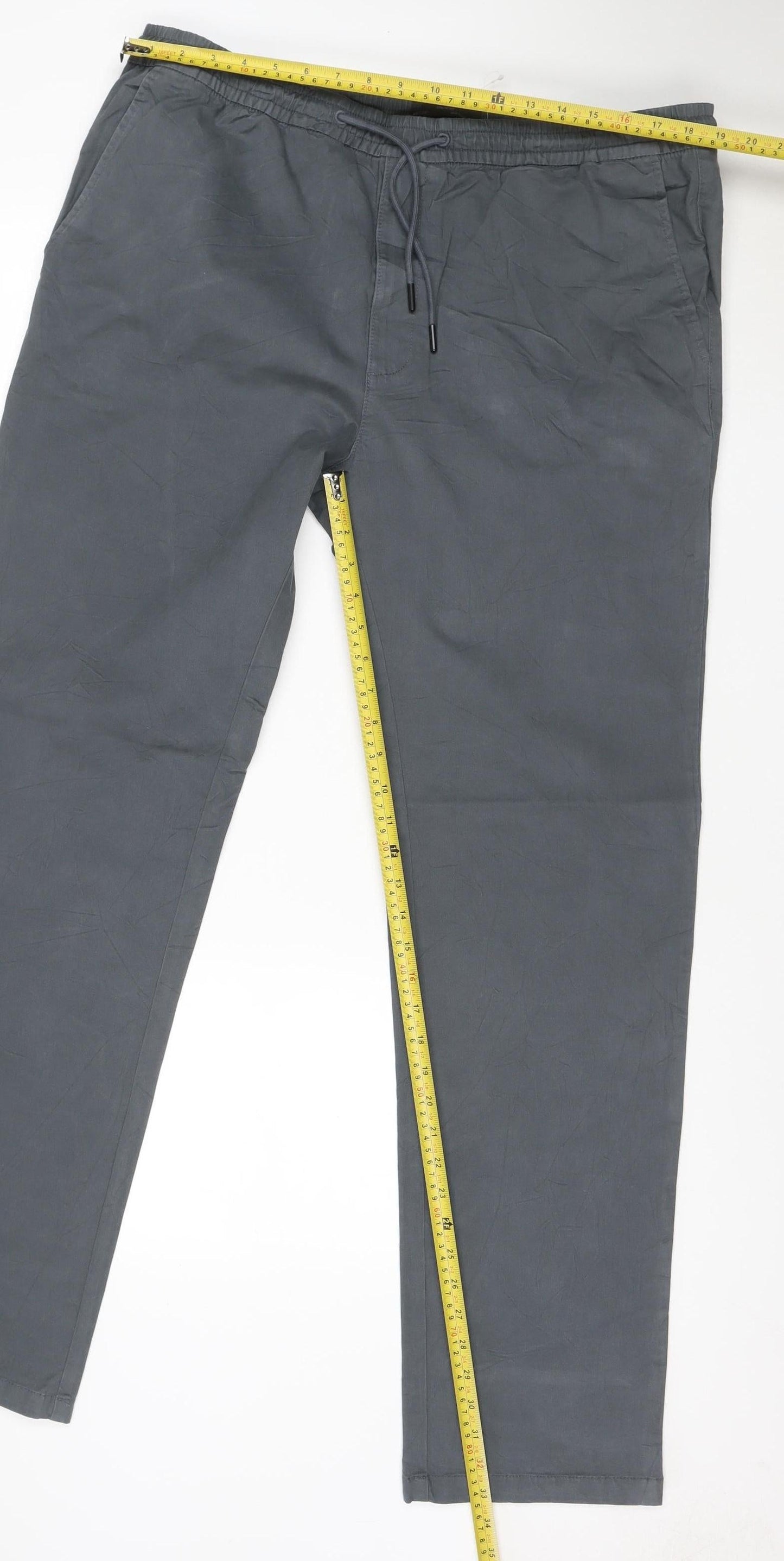 Marks and Spencer Men's Grey Cotton Straight Trousers 40/33 Elastic Waist