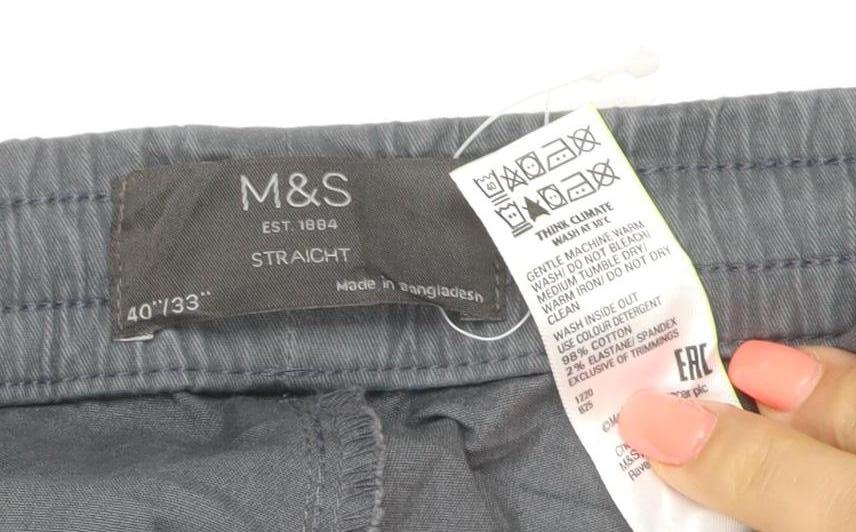 Marks and Spencer Men's Grey Cotton Straight Trousers 40/33 Elastic Waist