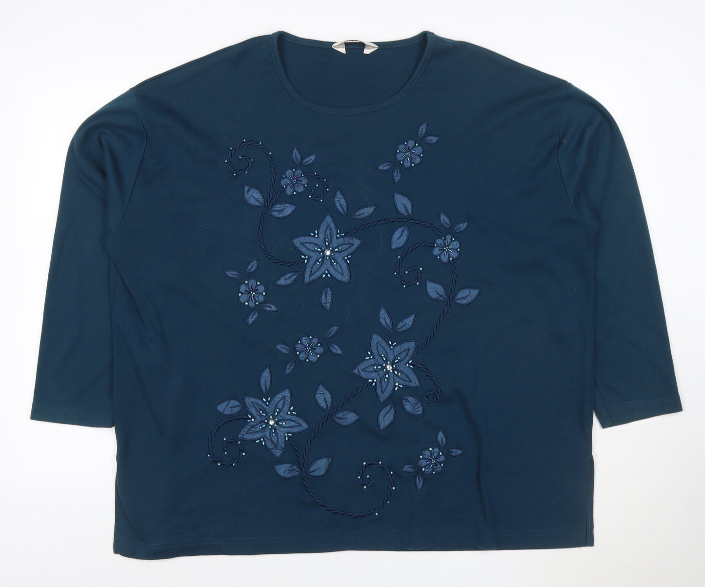 Evy! Women's Blue 3XL Floral Beaded 3/4 Sleeve T-Shirt