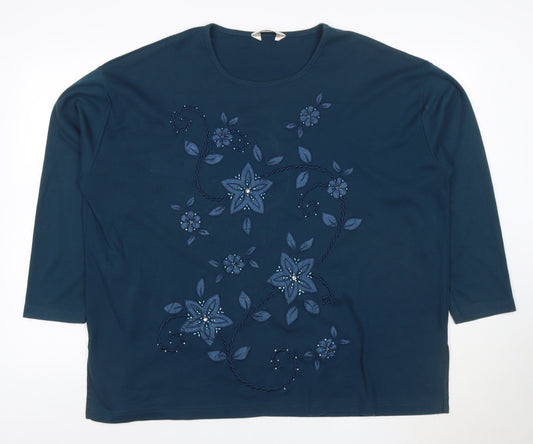 Evy! Women's Blue 3XL Floral Beaded 3/4 Sleeve T-Shirt