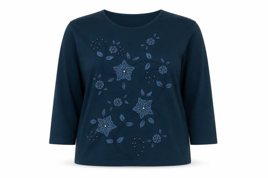 Evy! Women's Blue 3XL Floral Beaded 3/4 Sleeve T-Shirt