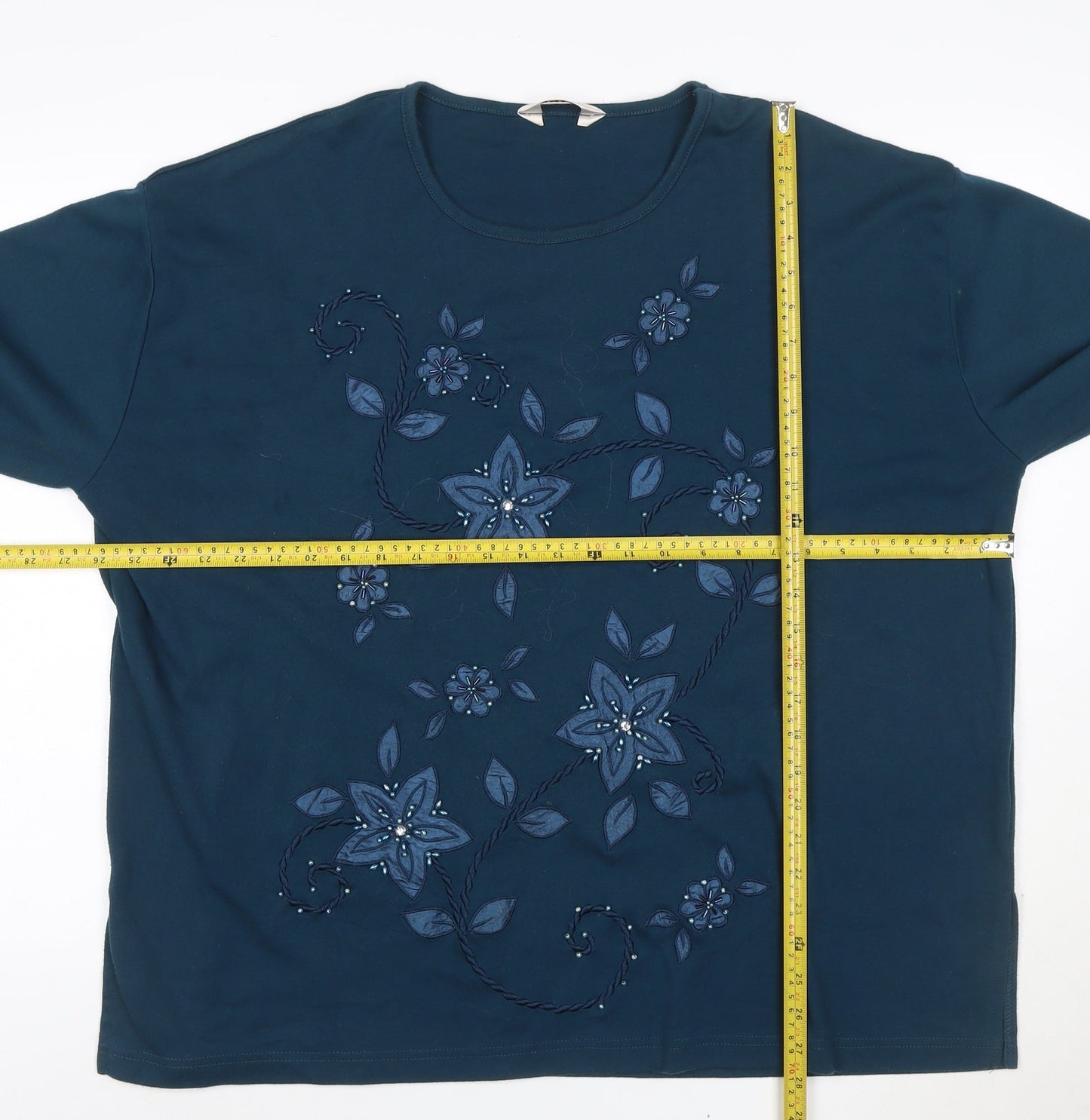 Evy! Women's Blue 3XL Floral Beaded 3/4 Sleeve T-Shirt