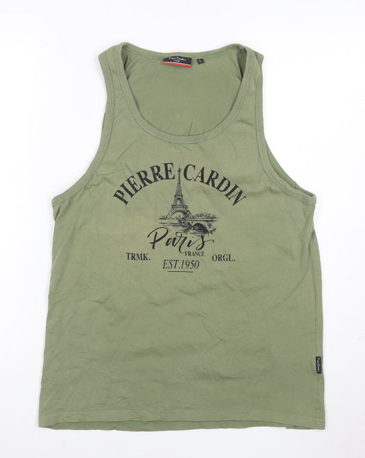 Pierre Cardin Men's Green Sleeveless Round Neck Paris Print T-Shirt L