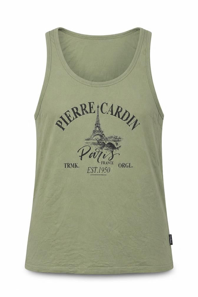 Pierre Cardin Men's Green Sleeveless Round Neck Paris Print T-Shirt L