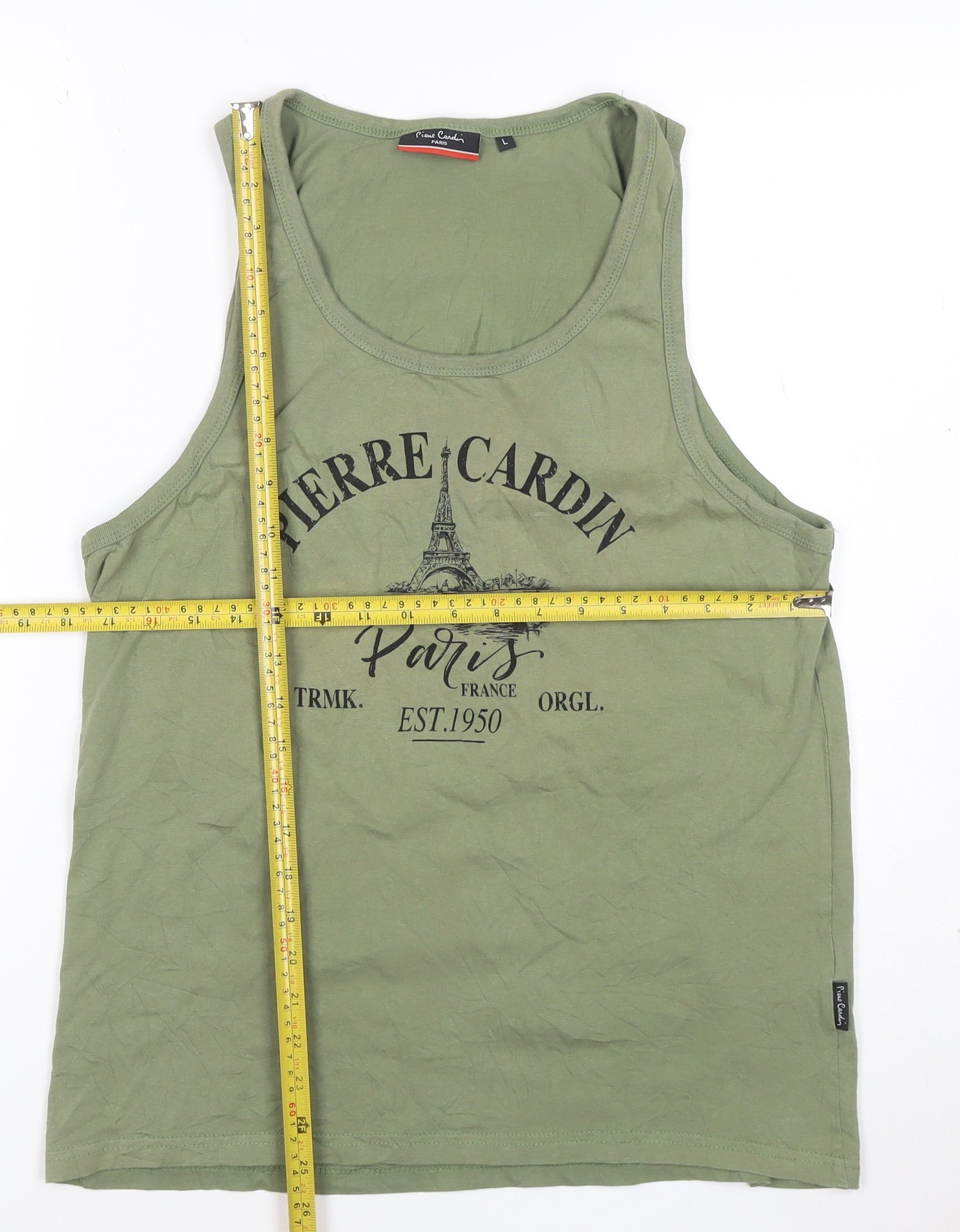 Pierre Cardin Men's Green Sleeveless Round Neck Paris Print T-Shirt L