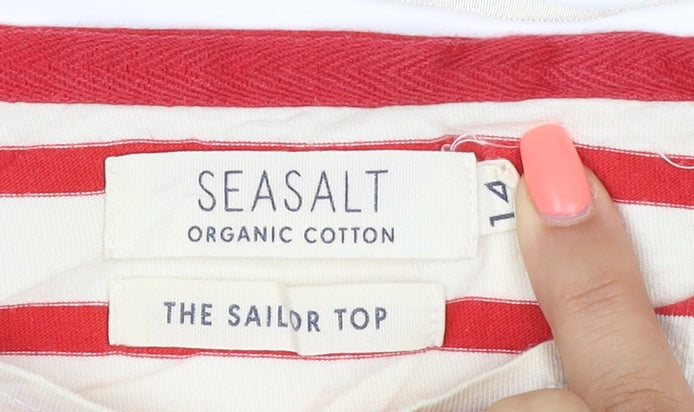 Seasalt Women Red Striped Cotton 3/4 Sleeve Sailor Top Size 14