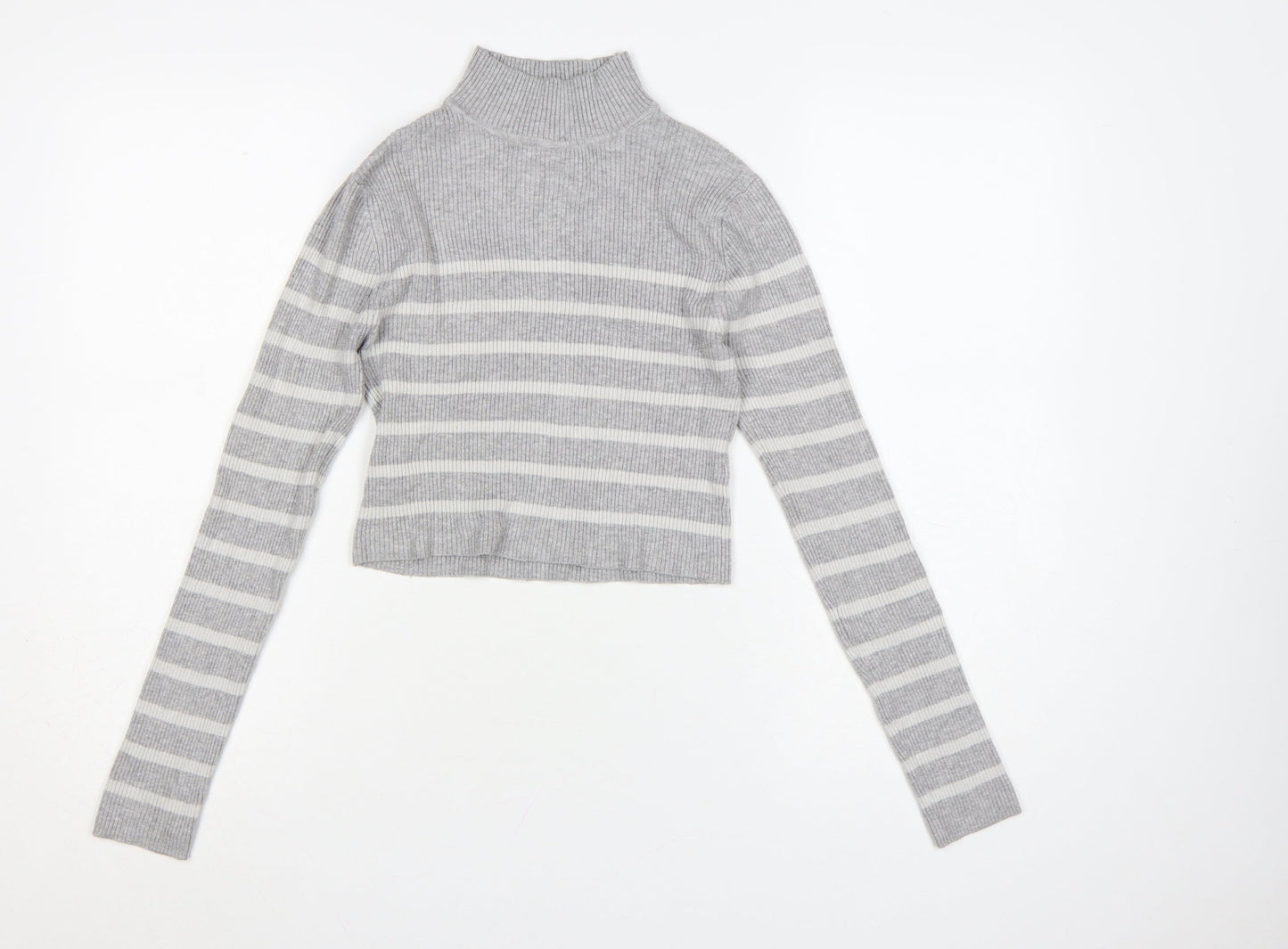 Pull & Bear Women’s Grey Striped Roll Neck Jumper Size 12