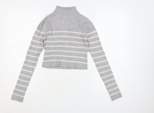 Pull & Bear Women’s Grey Striped Roll Neck Jumper Size 12