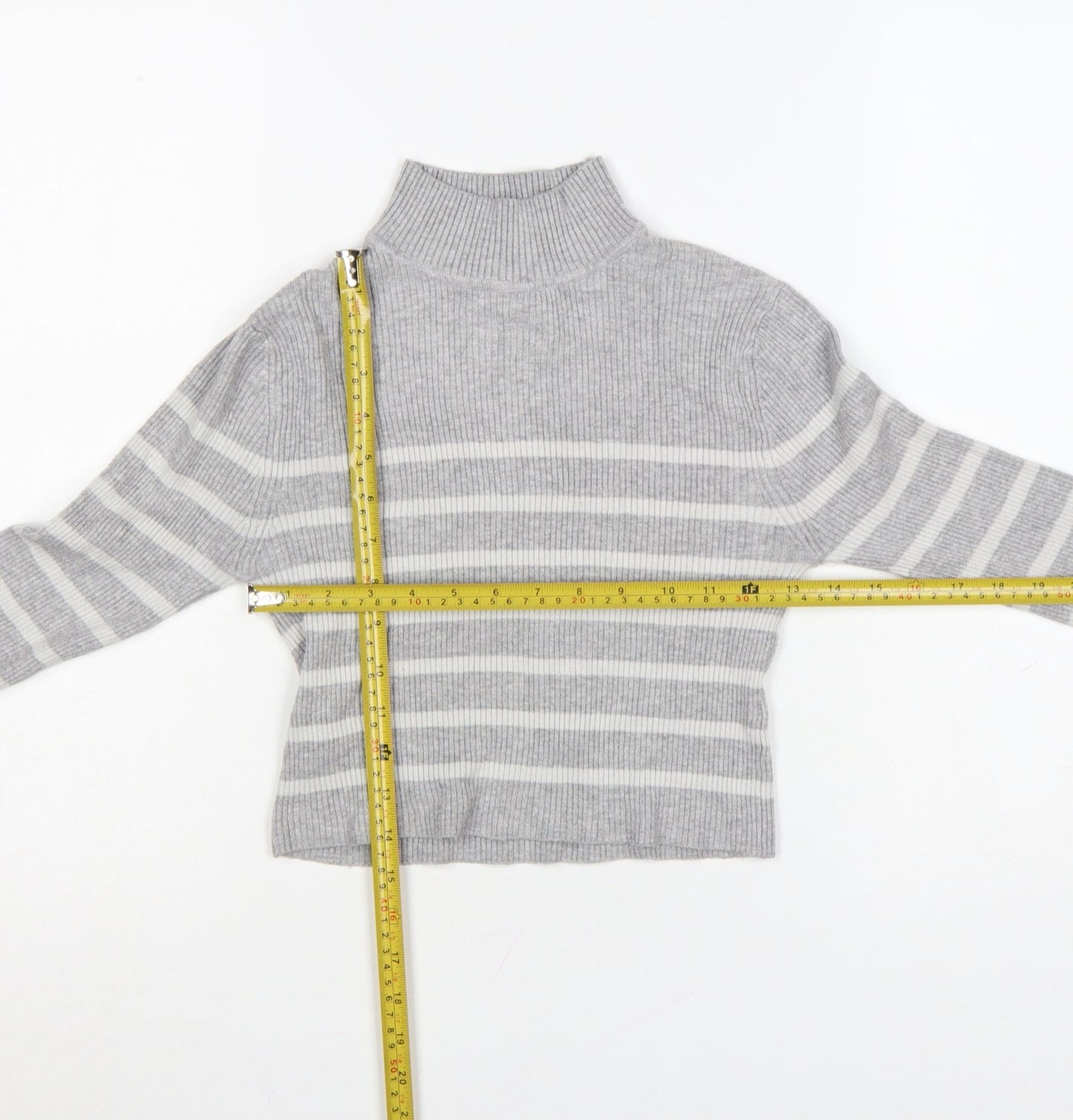 Pull & Bear Women’s Grey Striped Roll Neck Jumper Size 12