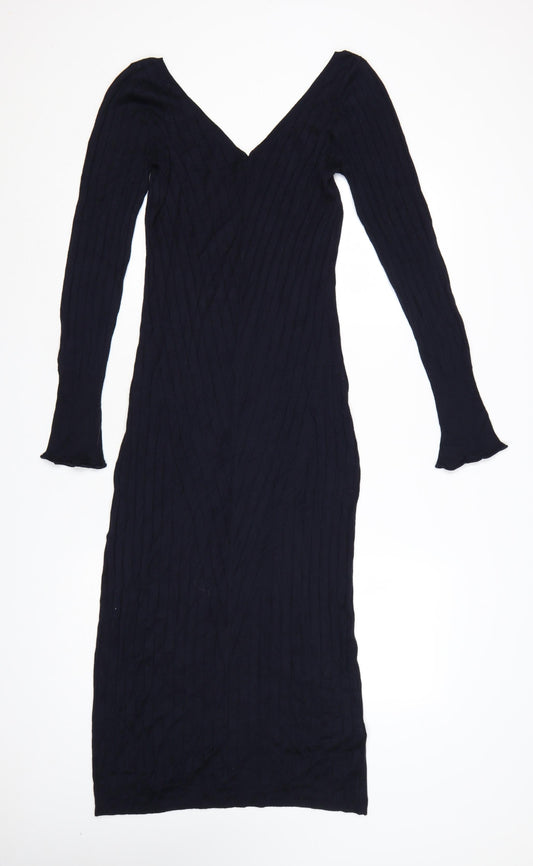 Topshop Maternity Black Ribbed Knit Long Sleeve Bodycon Midi Dress UK 10