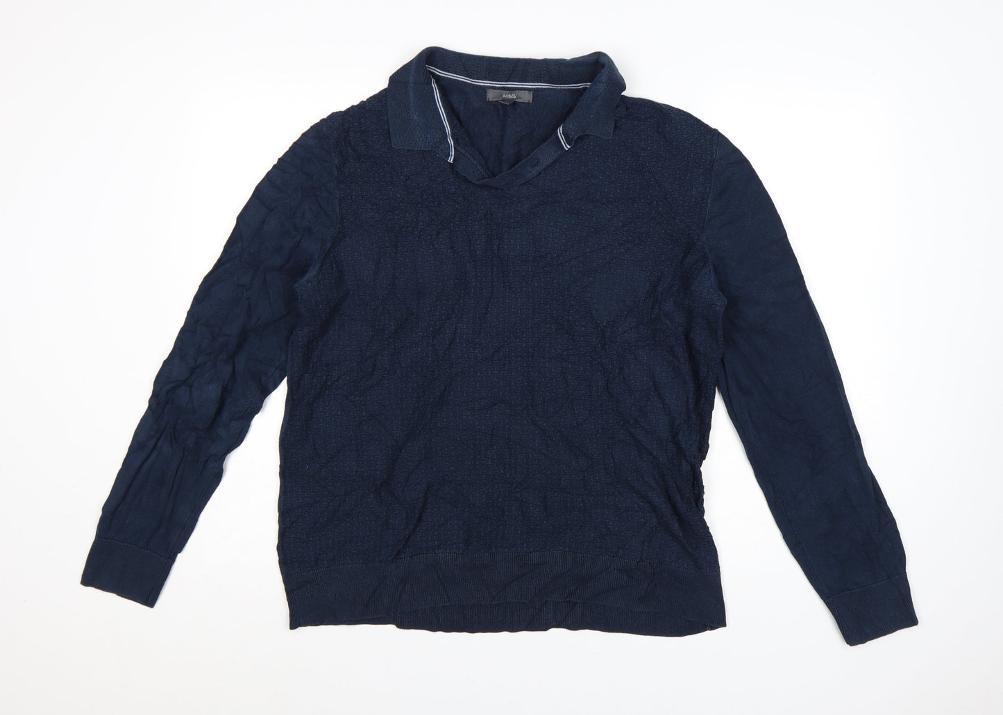 Marks and Spencer Men's Blue Collared Cotton Jumper Size L