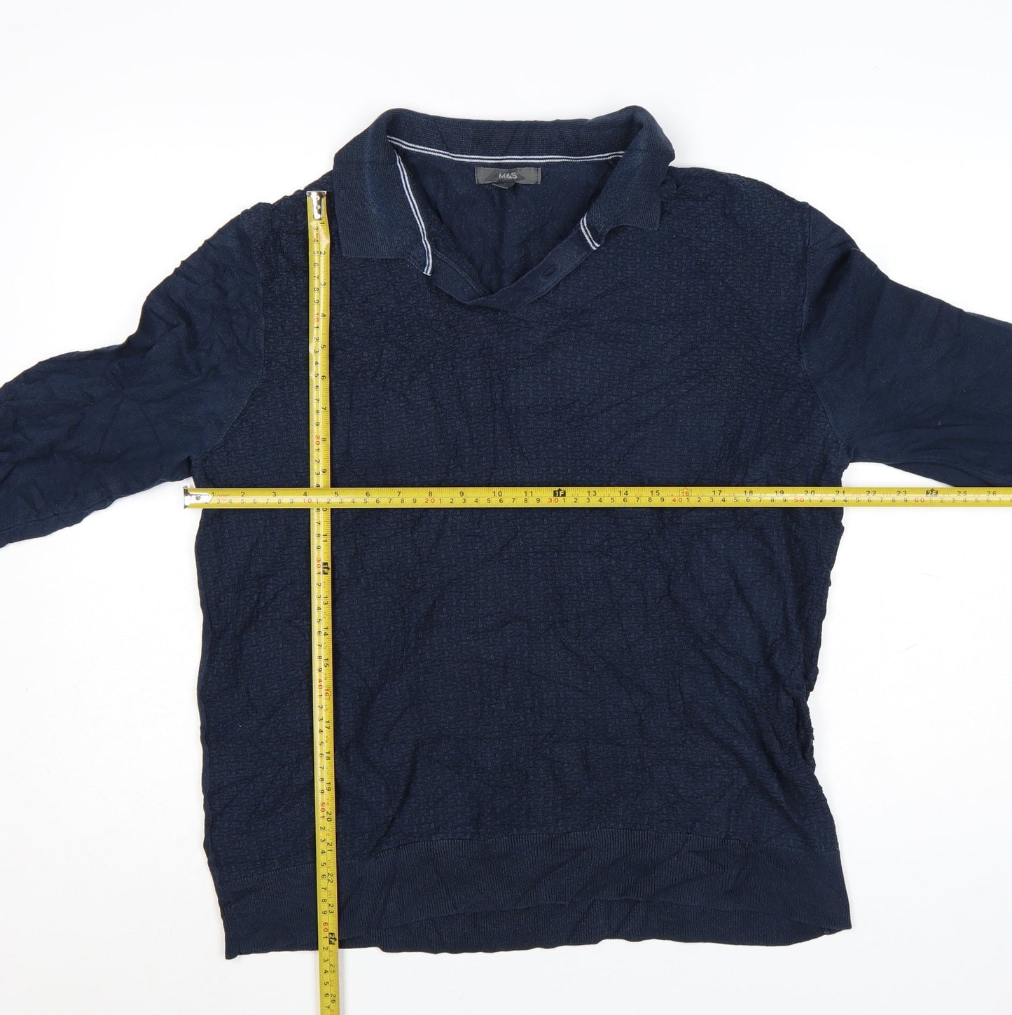 Marks and Spencer Men's Blue Collared Cotton Jumper Size L