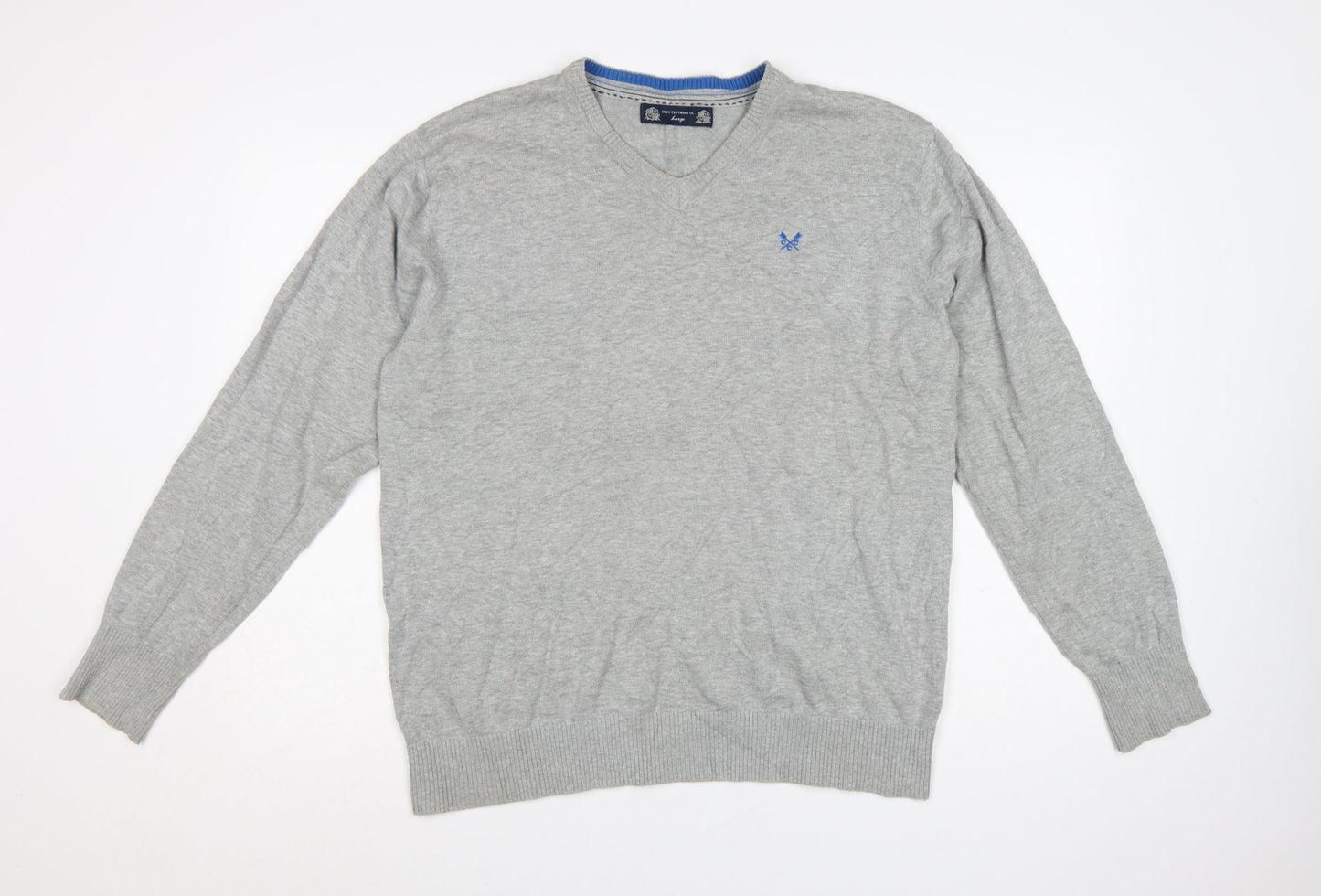 Crew Clothing Co. Men's Grey Cotton V-Neck Jumper Size L
