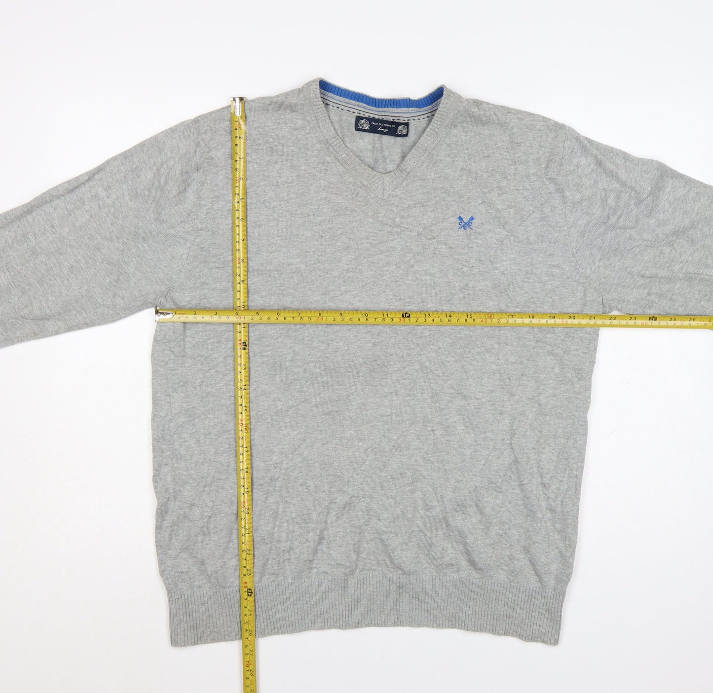 Crew Clothing Co. Men's Grey Cotton V-Neck Jumper Size L