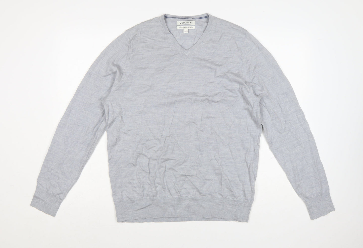 Marks and Spencer Men’s Grey Merino Wool V-Neck Jumper Size L