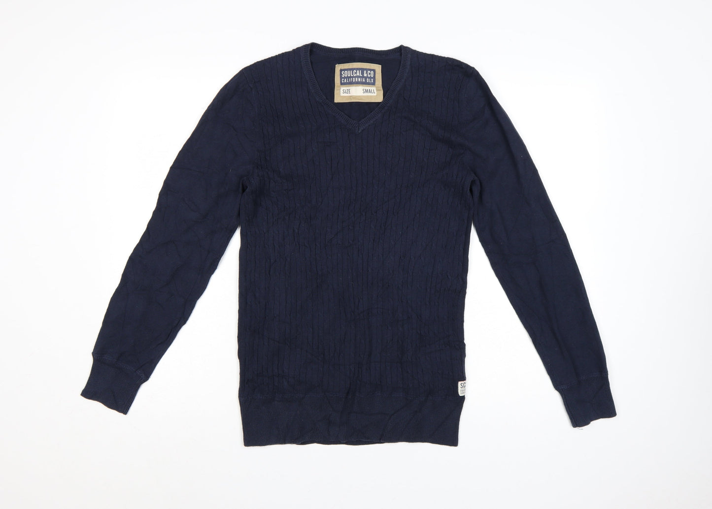 SoulCal & Co Men's Blue Cotton V-Neck Cable Knit Jumper Small