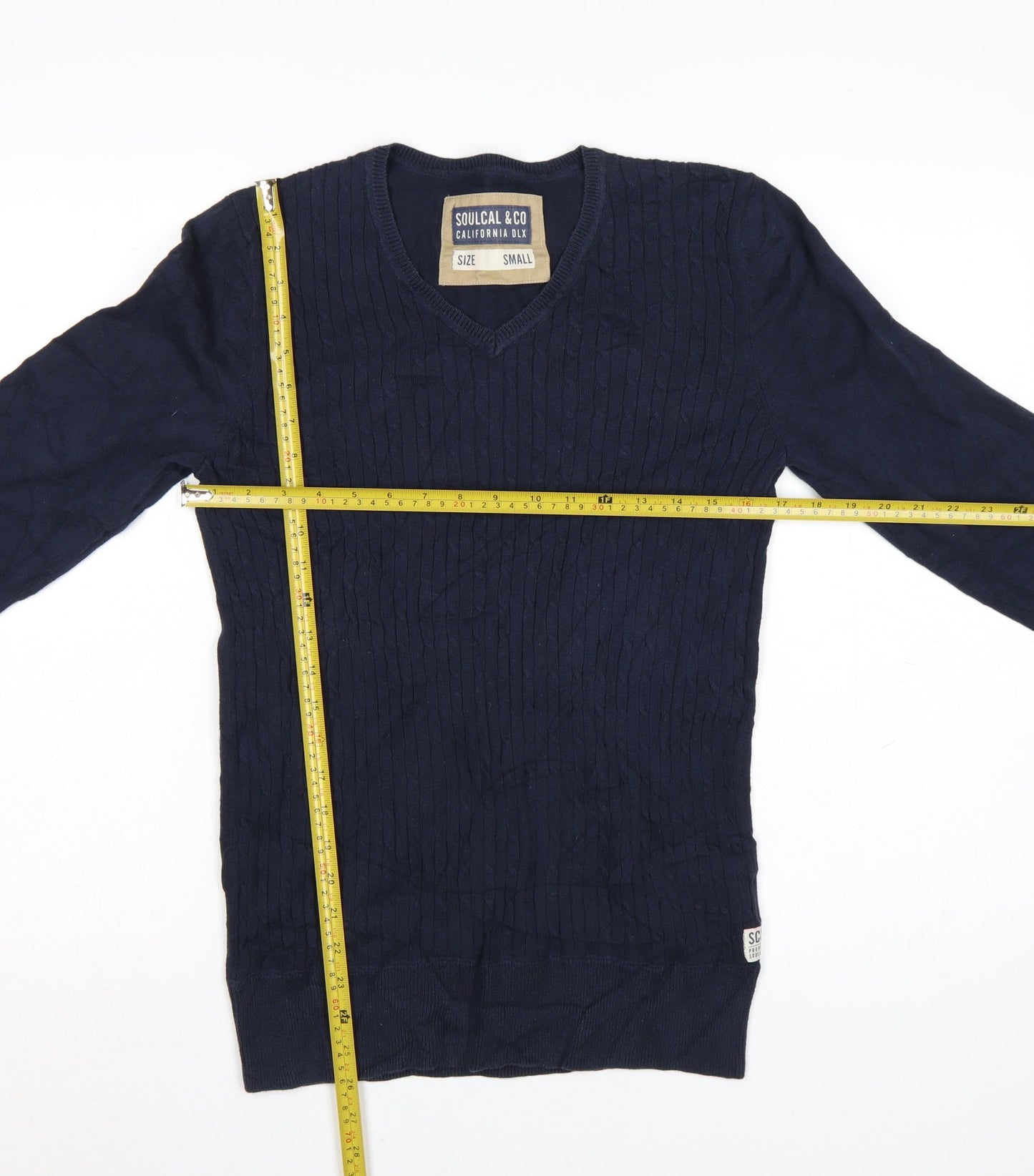 SoulCal & Co Men's Blue Cotton V-Neck Cable Knit Jumper Small