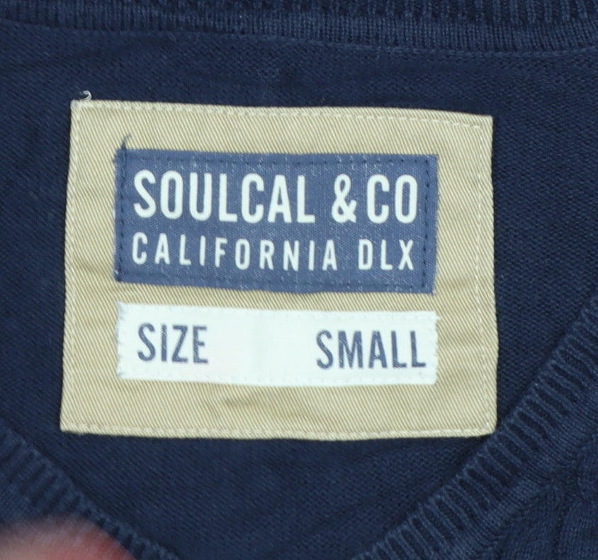 SoulCal & Co Men's Blue Cotton V-Neck Cable Knit Jumper Small