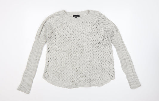 Warehouse Women Grey Open-Knit Long Sleeve Jumper UK 8
