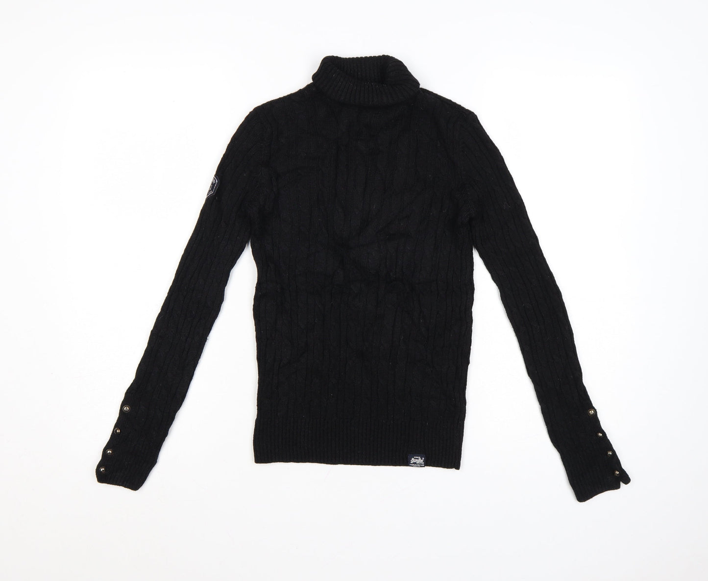 Superdry Women's Black Wool Blend Roll Neck Cable Knit Jumper Size 6