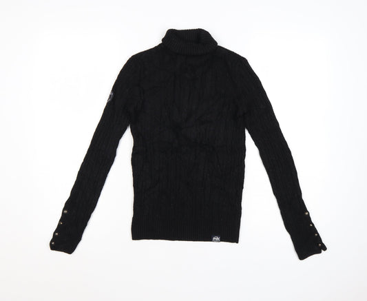 Superdry Women's Black Wool Blend Roll Neck Cable Knit Jumper Size 6