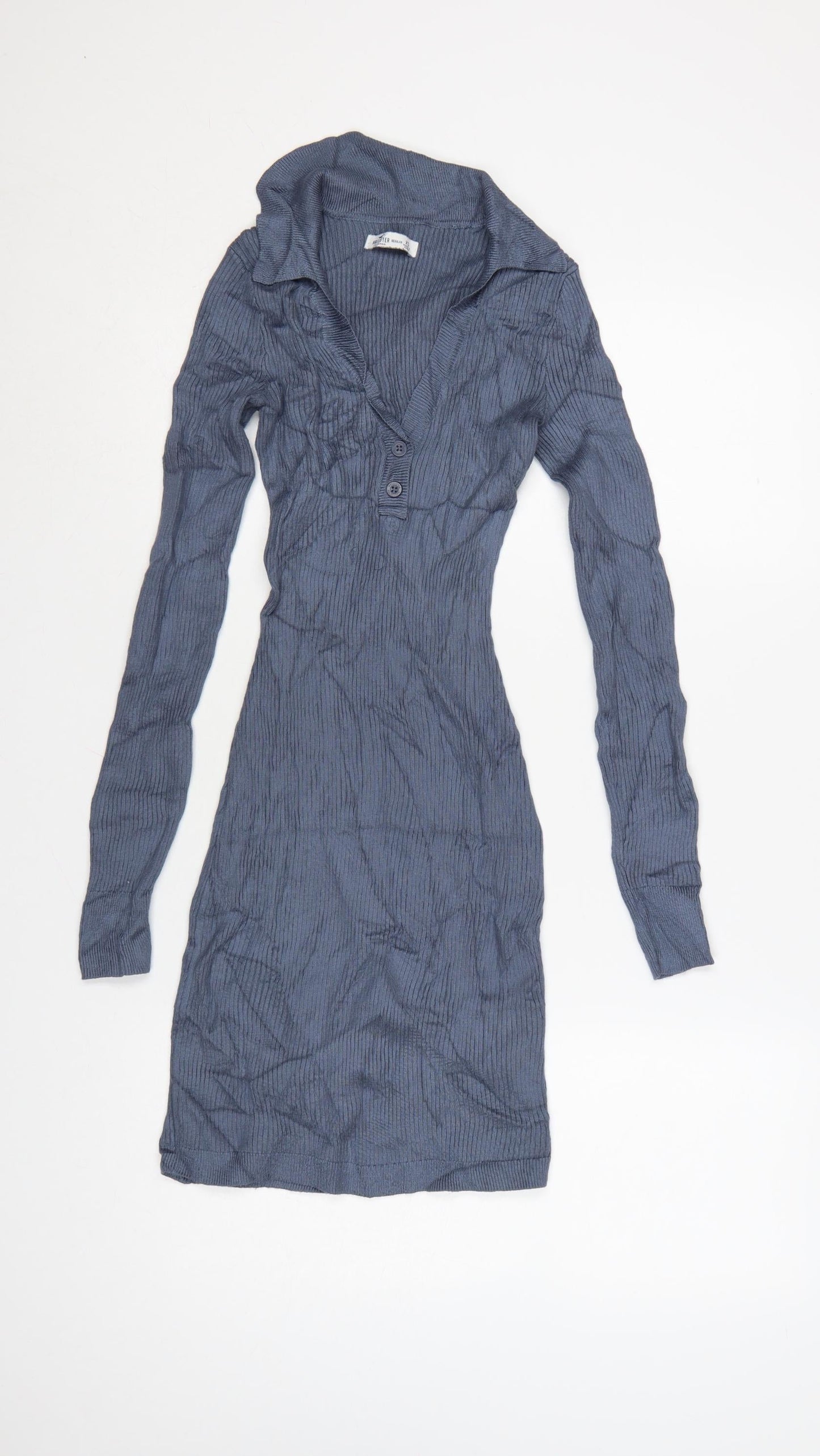 Hollister Women Blue XS Bodycon Knit Collared Long Sleeve Dress