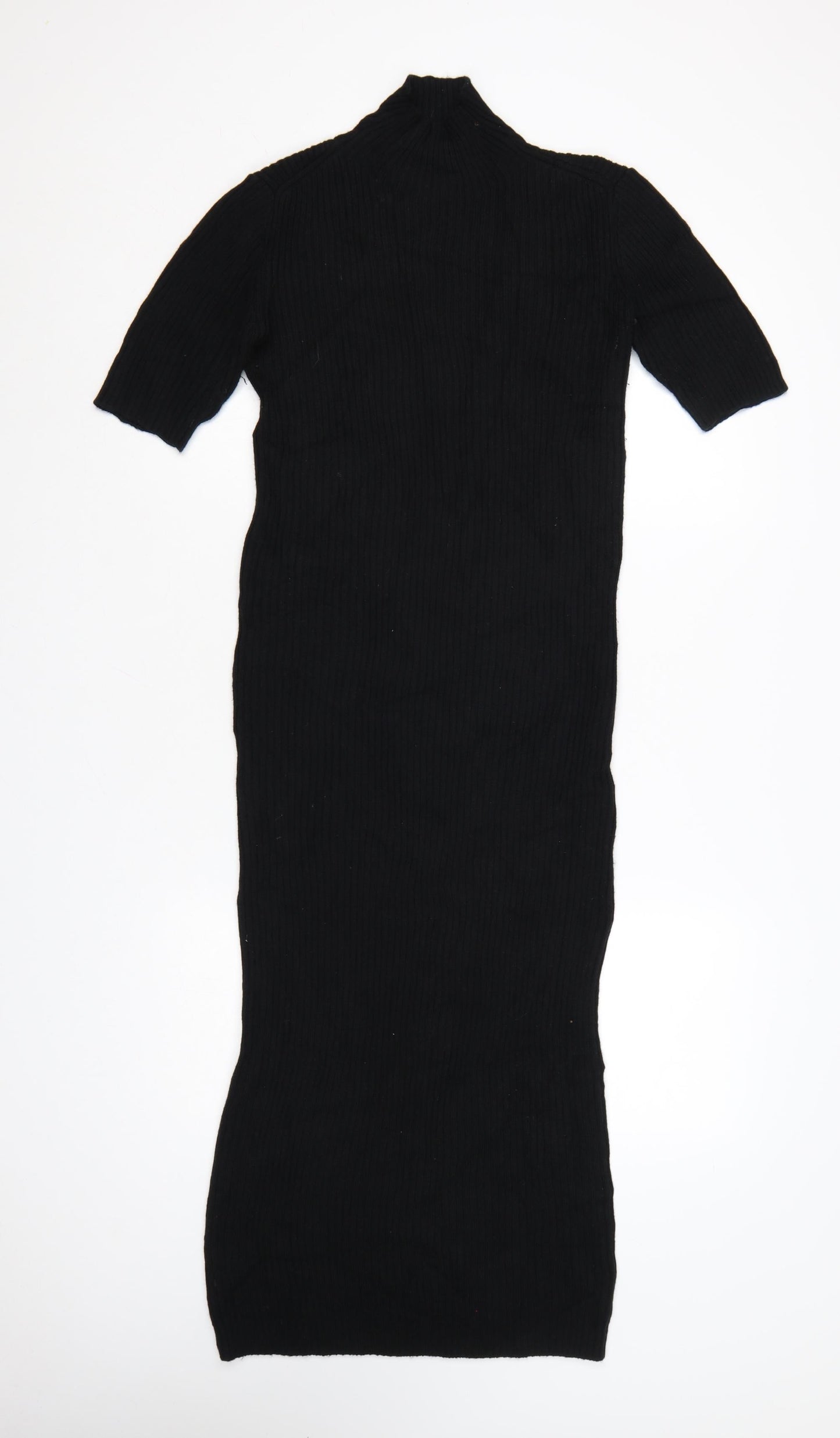 Zara Women Black Knit Bodycon Midi Dress Size 12 High Neck