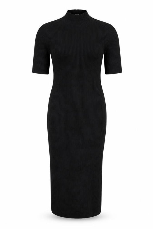 Zara Women Black Knit Bodycon Midi Dress Size 12 High Neck