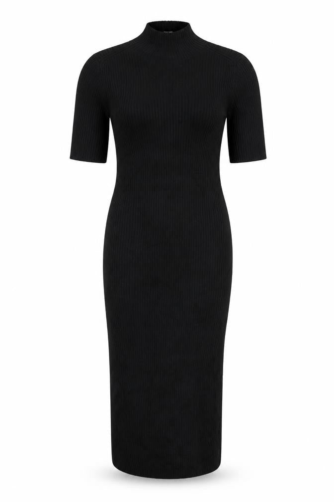 Zara Women Black Knit Bodycon Midi Dress Size 12 High Neck
