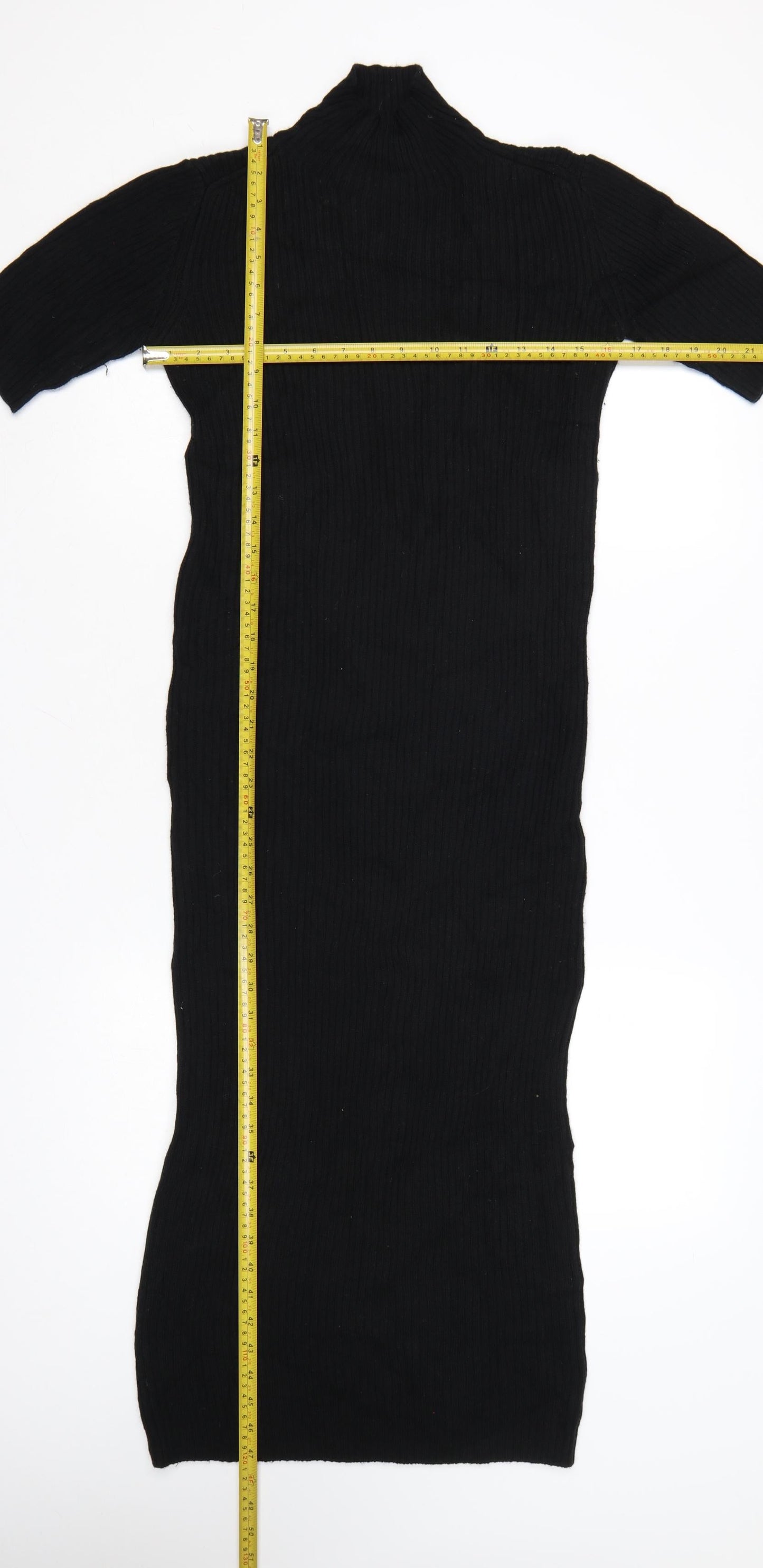Zara Women Black Knit Bodycon Midi Dress Size 12 High Neck