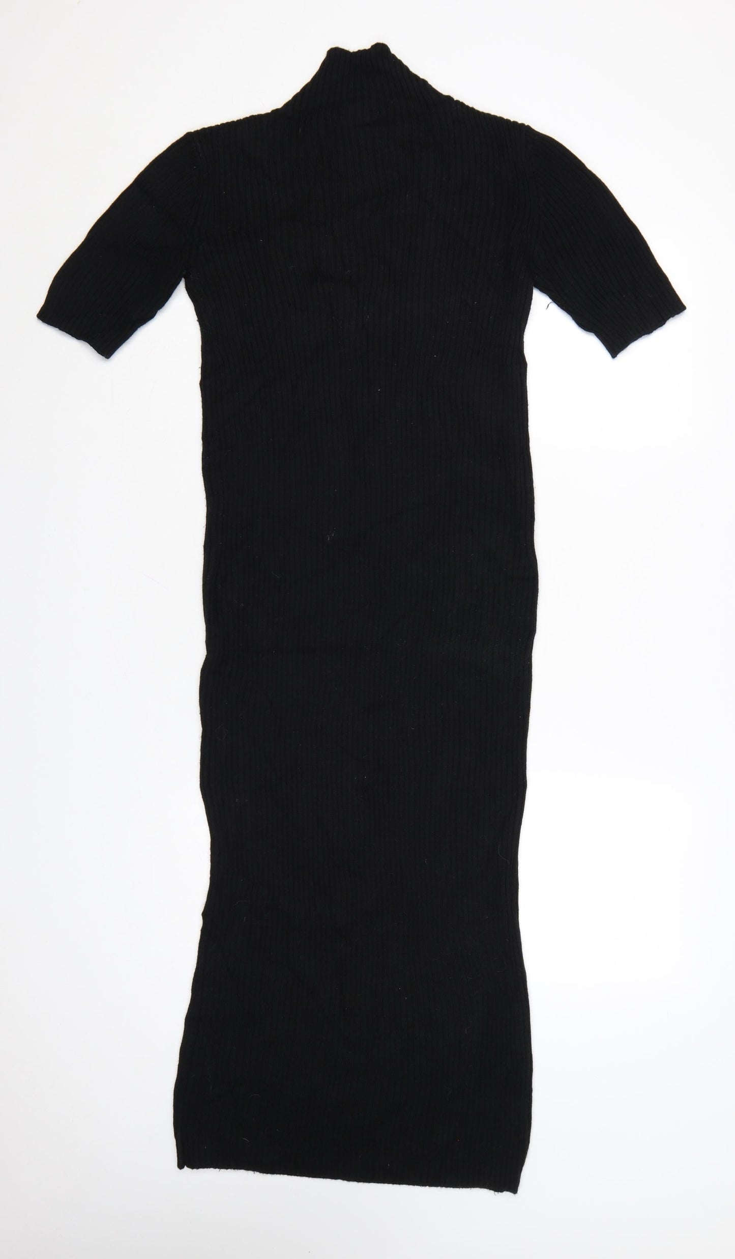 Zara Women Black Knit Bodycon Midi Dress Size 12 High Neck