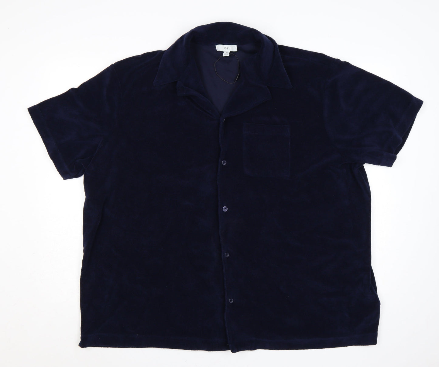 Marks and Spencer Men's Blue 3XL Regular Fit Velvet Button-Up Shirt