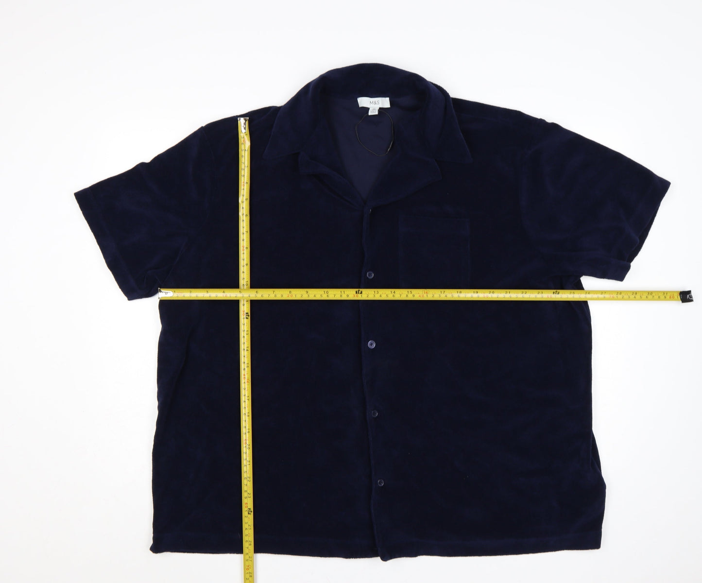 Marks and Spencer Men's Blue 3XL Regular Fit Velvet Button-Up Shirt