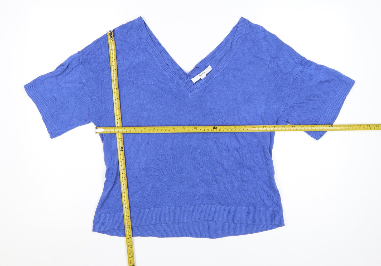 NEXT Women Blue Cotton V-Neck Short Sleeve Lightweight Jumper M