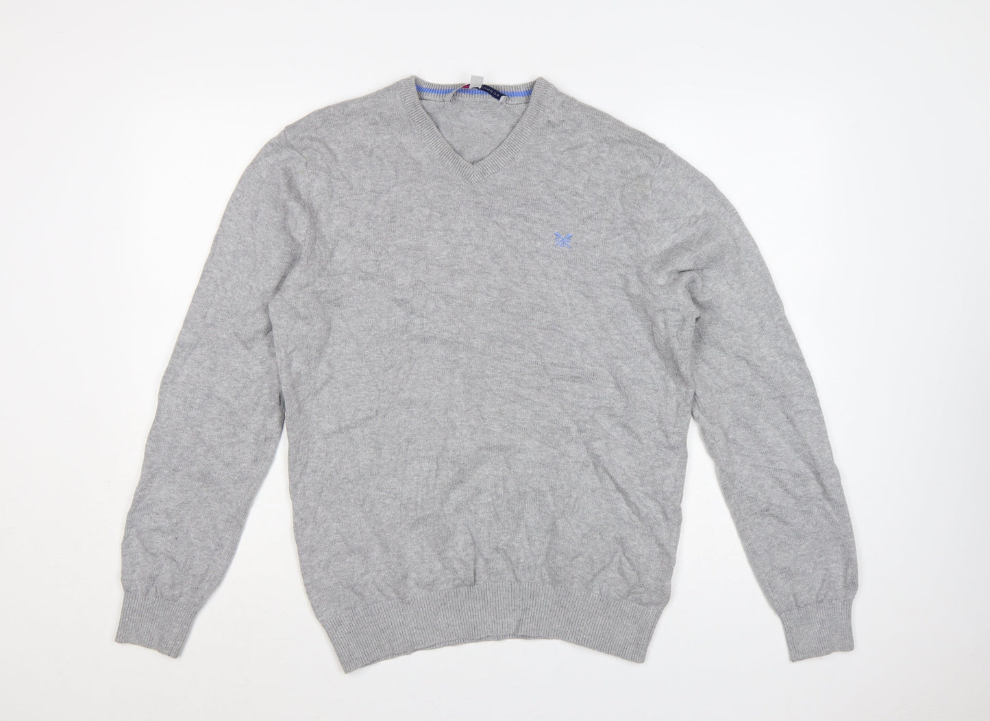 Crew Clothing Co. Men's Grey V-Neck Cotton Cashmere Jumper Size S