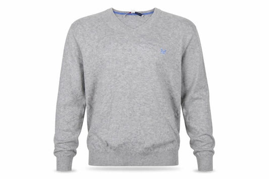 Front view of Crew Clothing Men's Grey V-Neck Cotton Cashmere Jumper, size S