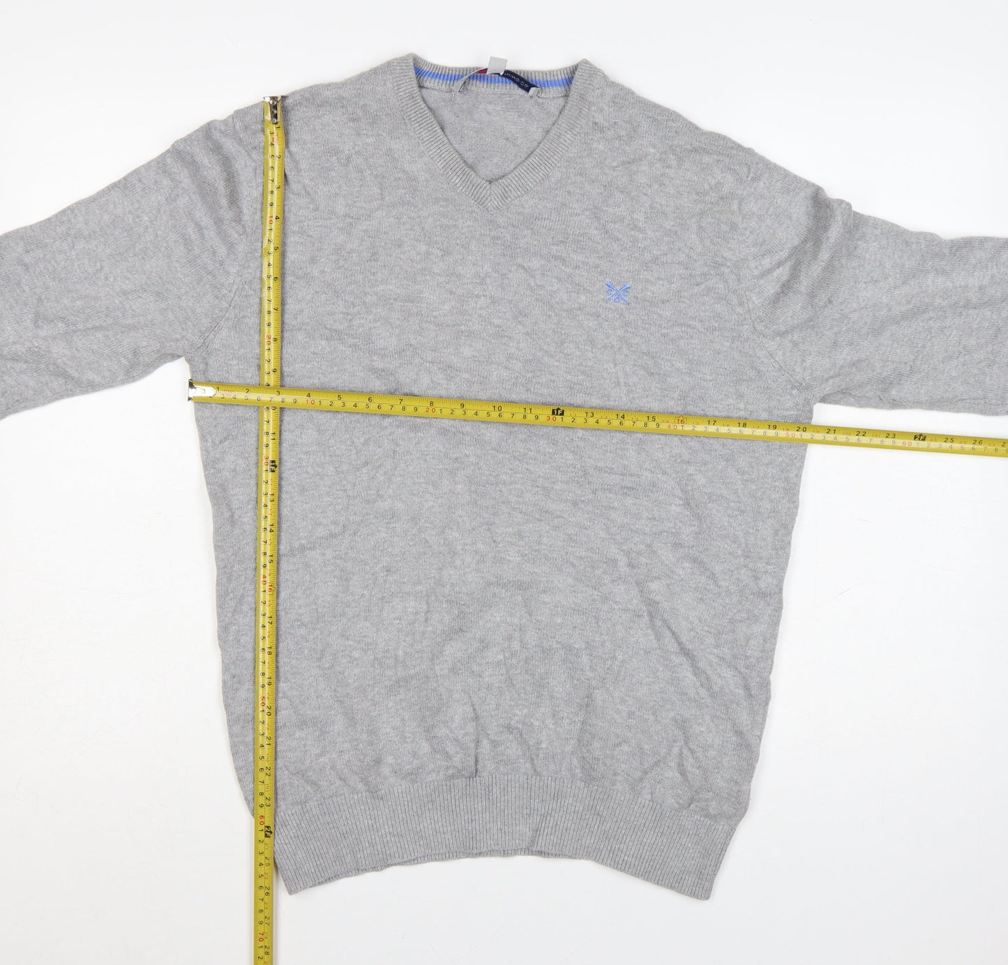 Crew Clothing Co. Men's Grey V-Neck Cotton Cashmere Jumper Size S