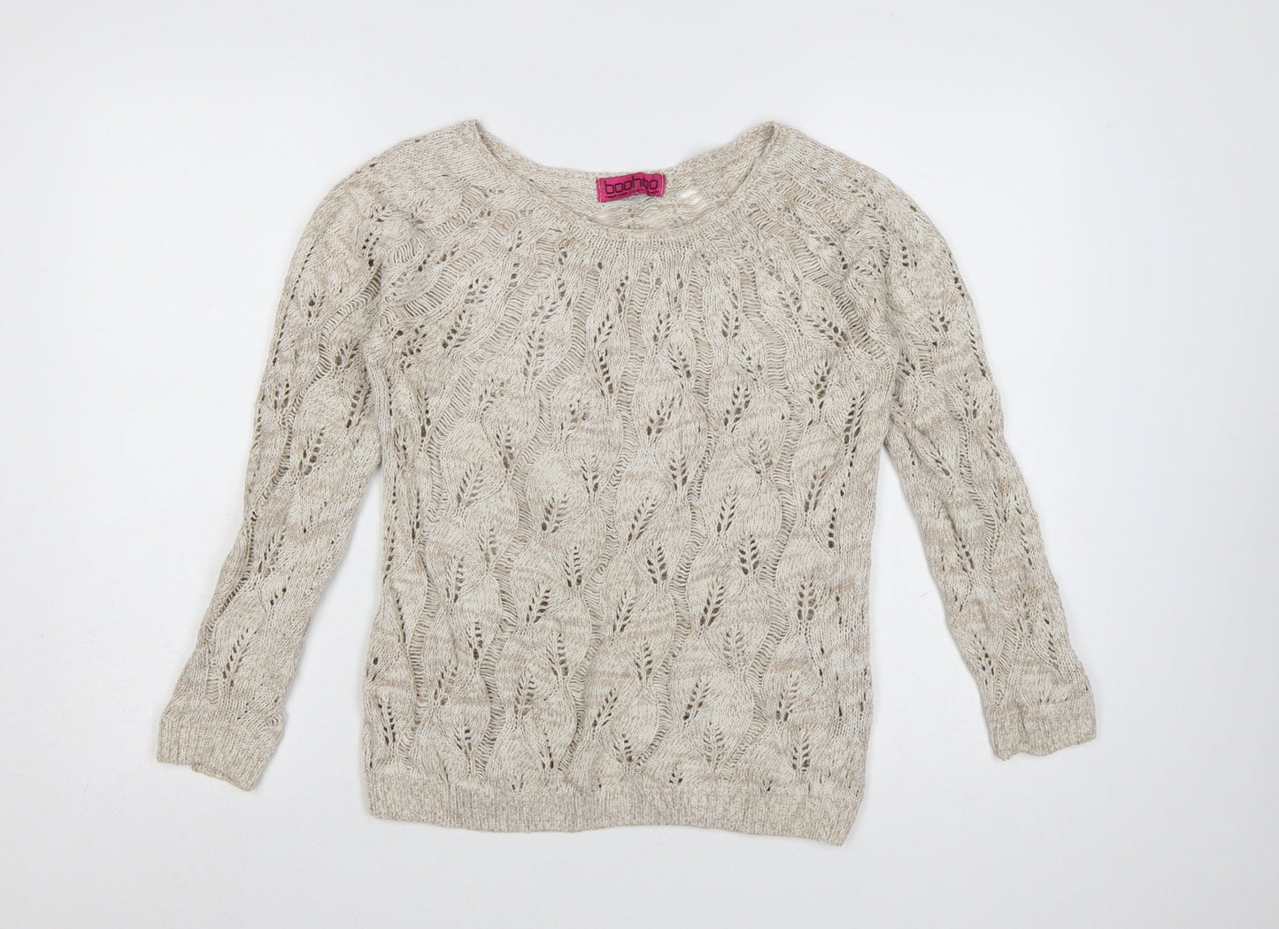 Boohoo Women Beige Open-Knit Cotton Acrylic Jumper Size M