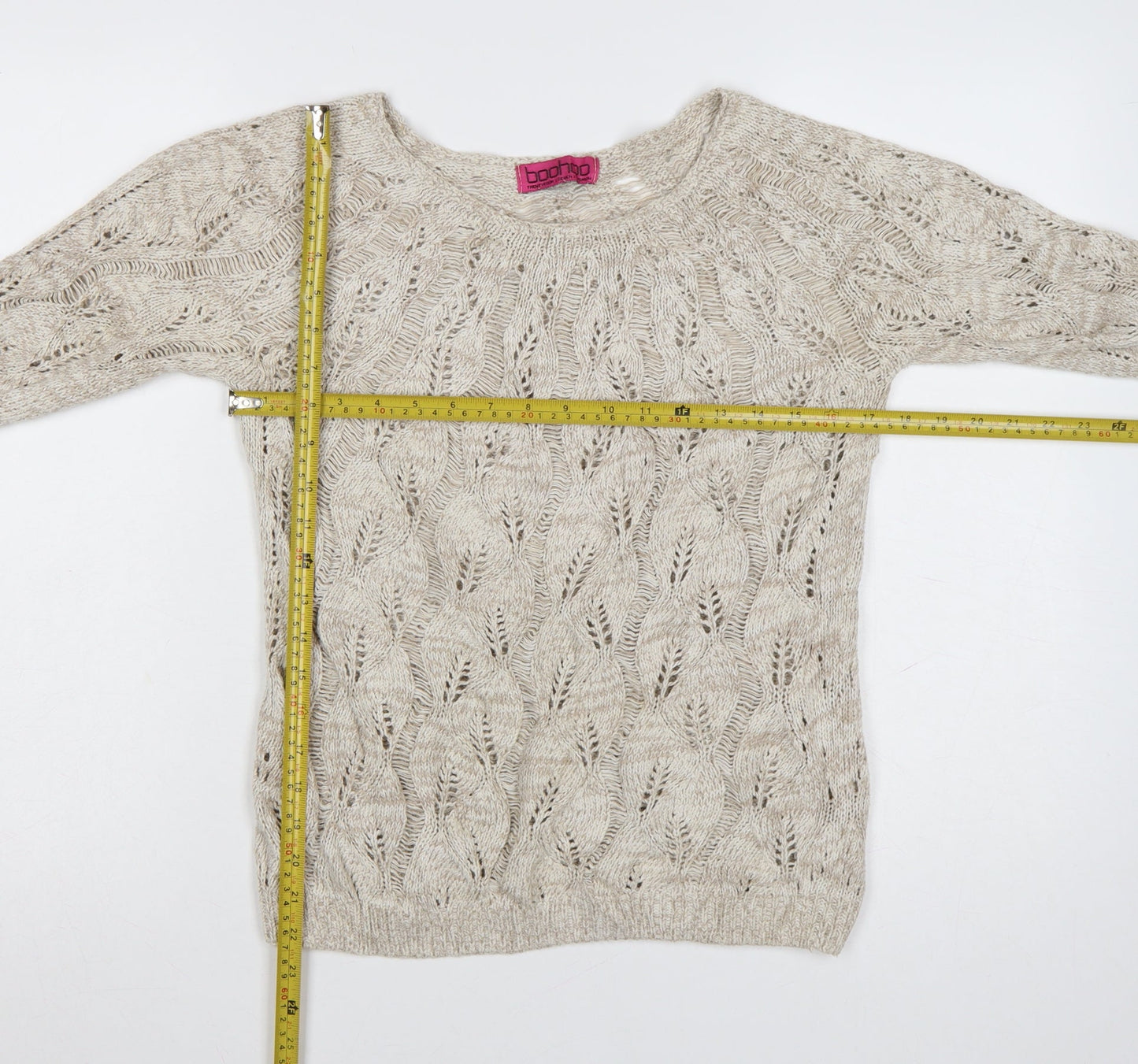 Boohoo Women Beige Open-Knit Cotton Acrylic Jumper Size M