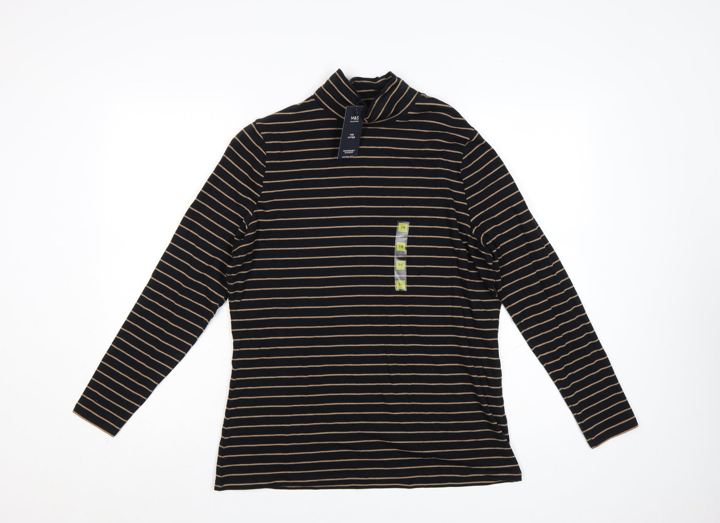 Marks and Spencer Womens Black Striped Roll Neck Long Sleeve Cotton Top Size 16