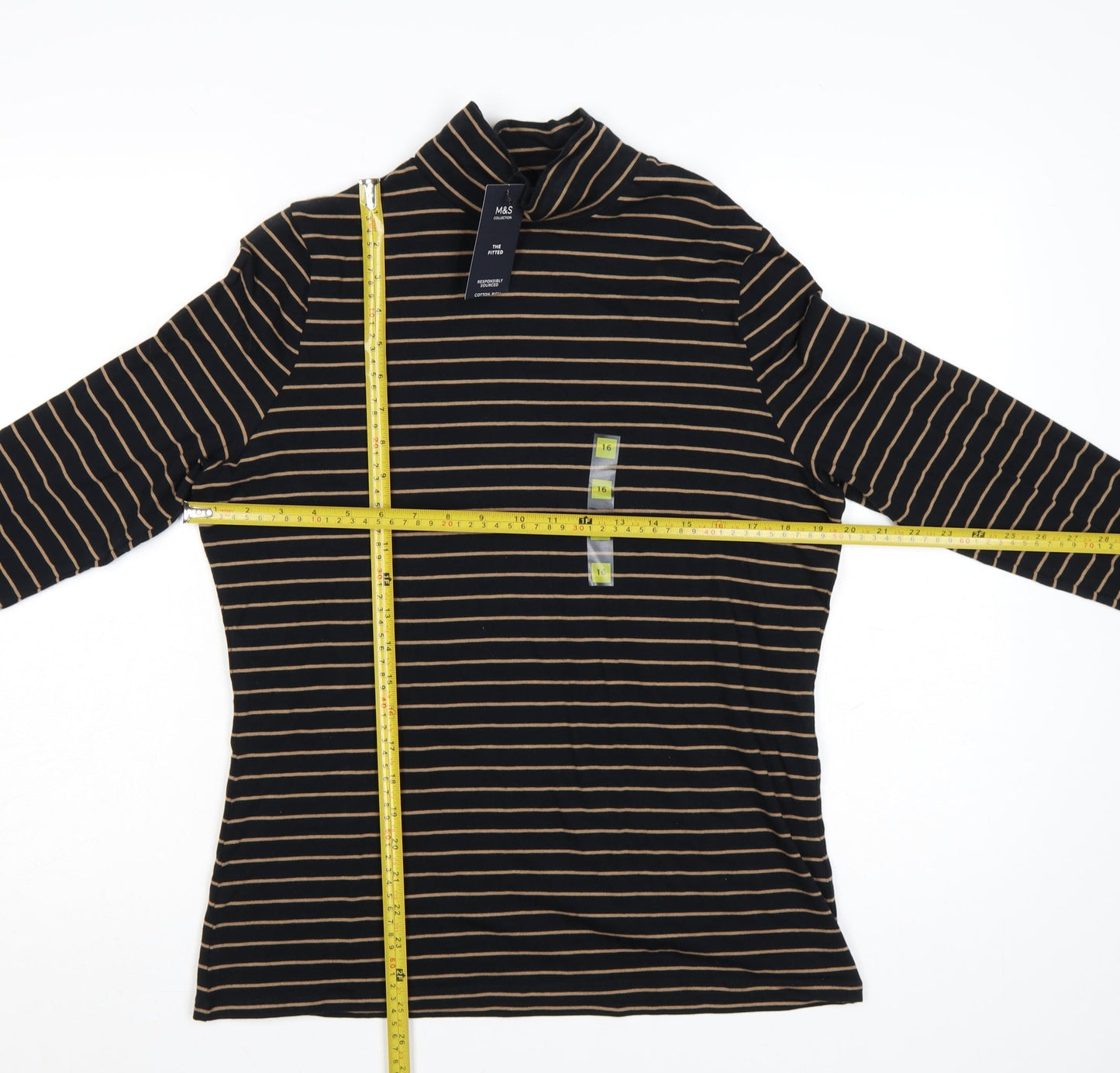 Marks and Spencer Womens Black Striped Roll Neck Long Sleeve Cotton Top Size 16