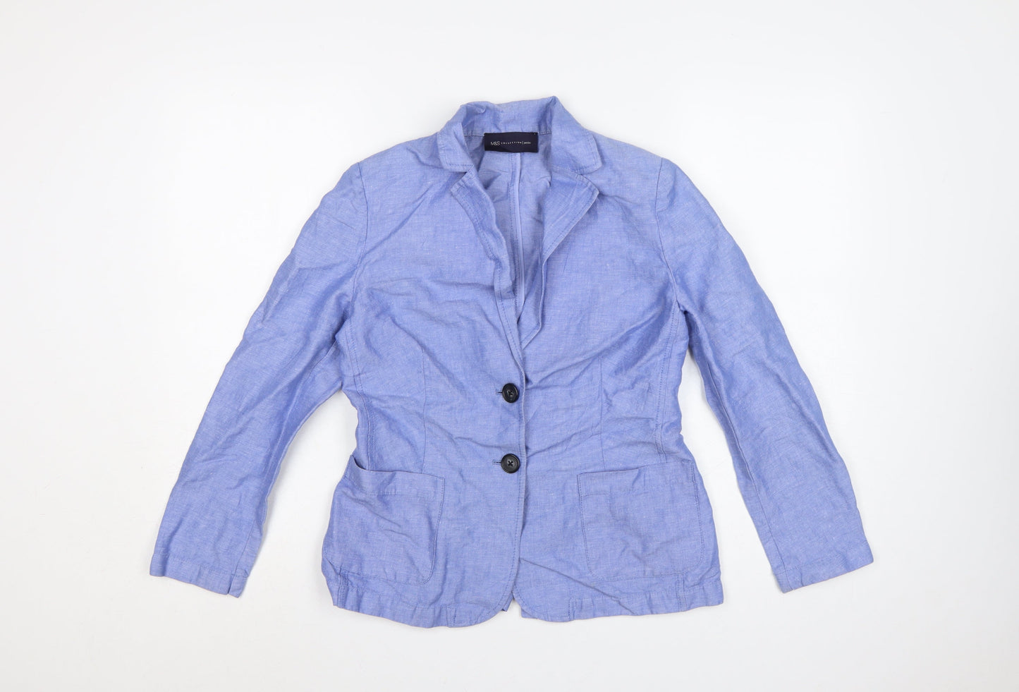 Marks and Spencer Women Blue Linen Blend Petite Two-Button Blazer Size 8