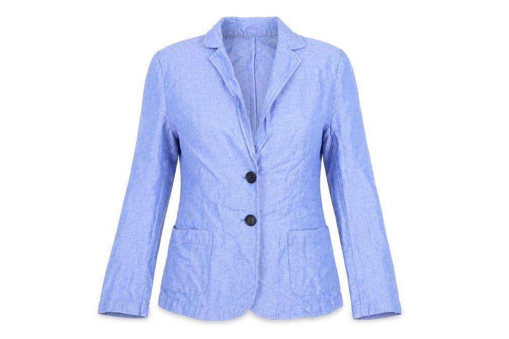 Marks & Spencer Women Blue Linen Blend Petite Two-Button Blazer Size 8