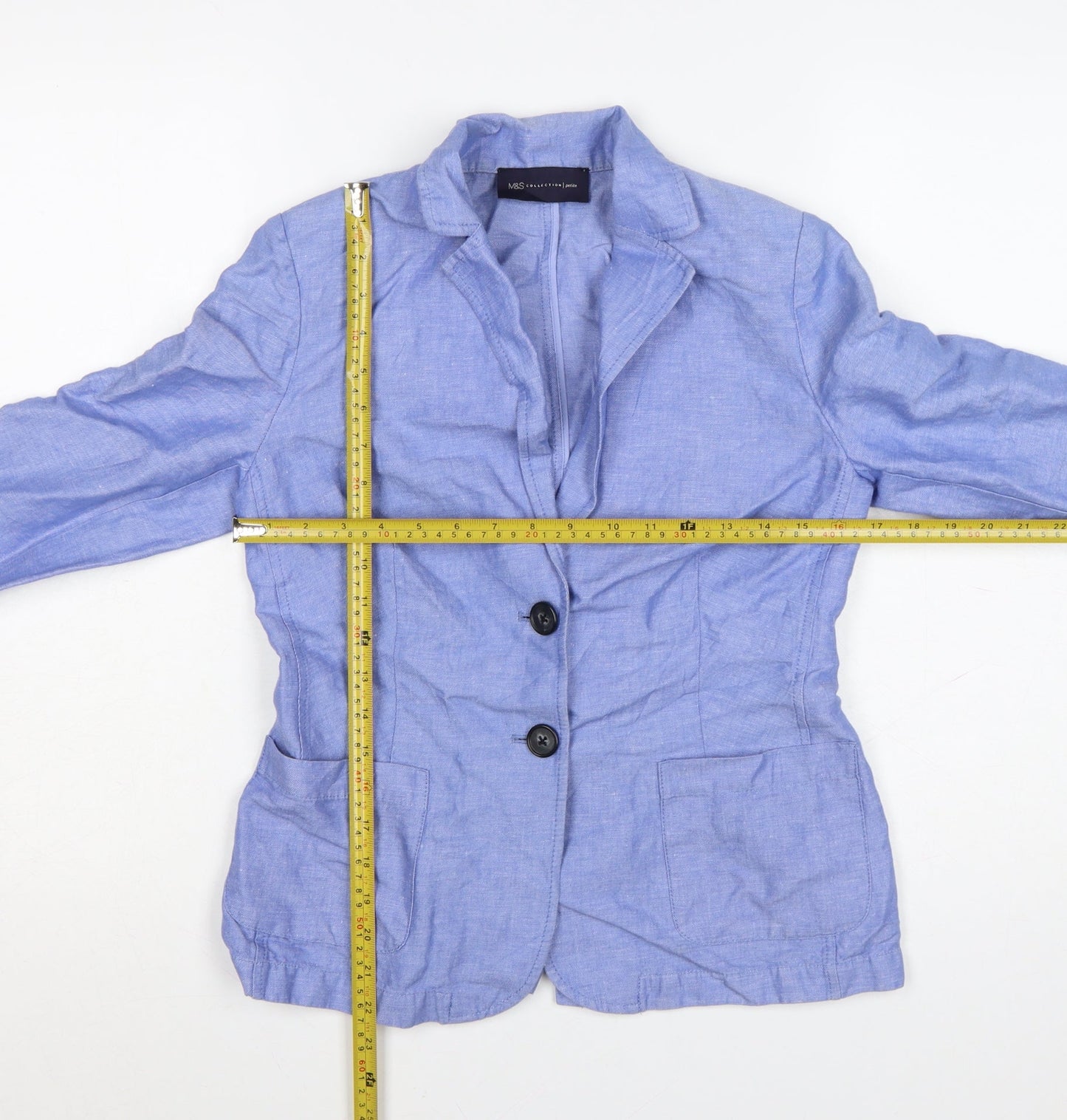 Marks and Spencer Women Blue Linen Blend Petite Two-Button Blazer Size 8