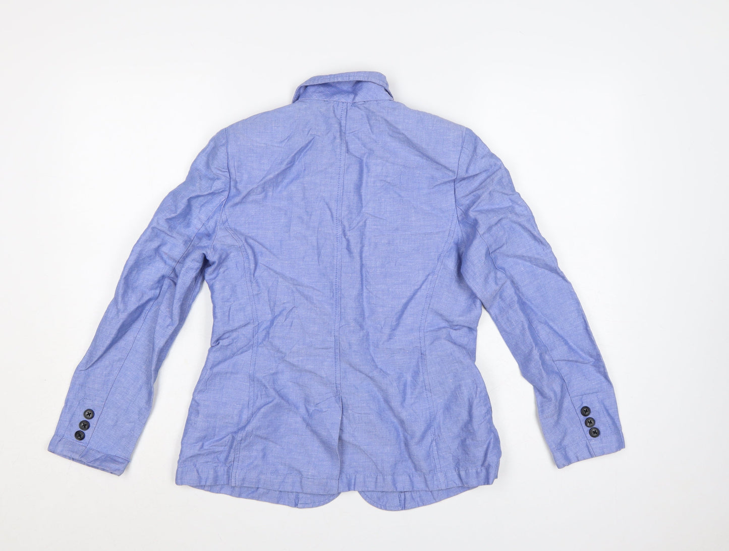 Marks and Spencer Women Blue Linen Blend Petite Two-Button Blazer Size 8