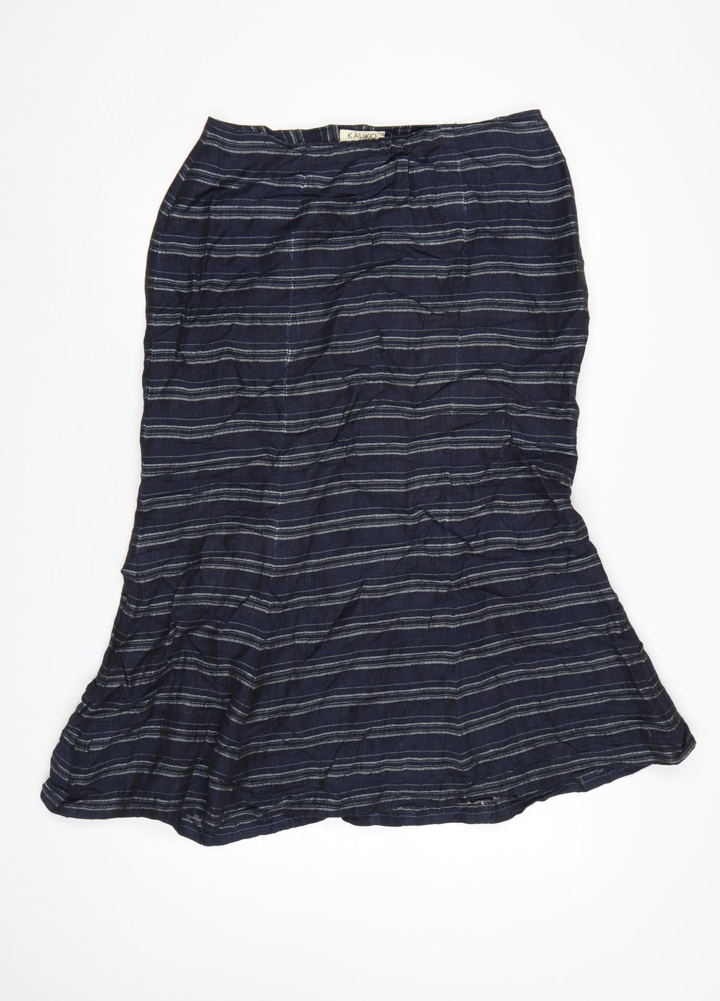 Kaliko Women's Blue Striped Linen Blend Midi Flare Skirt Size 14