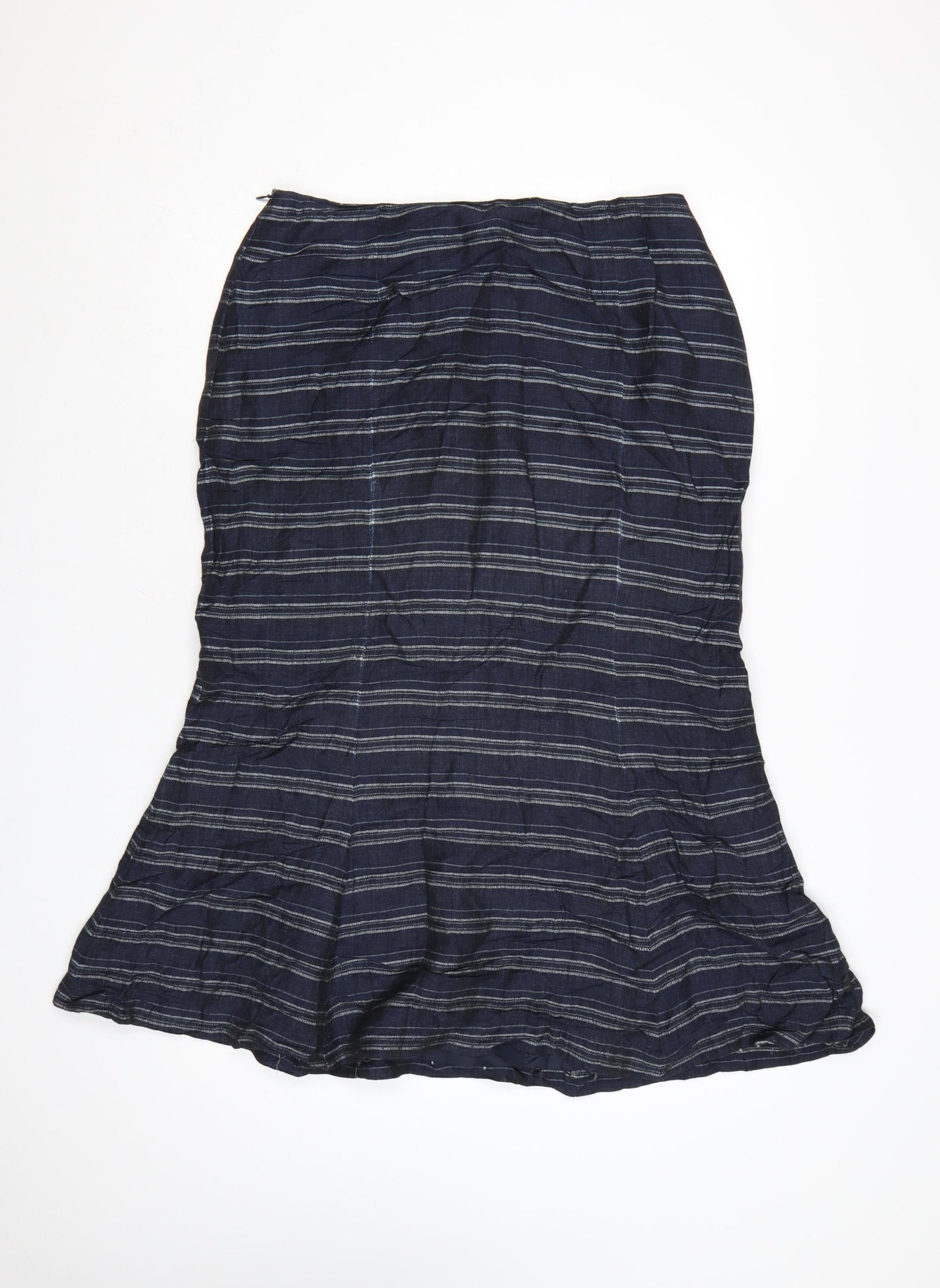 Kaliko Women's Blue Striped Linen Blend Midi Flare Skirt Size 14
