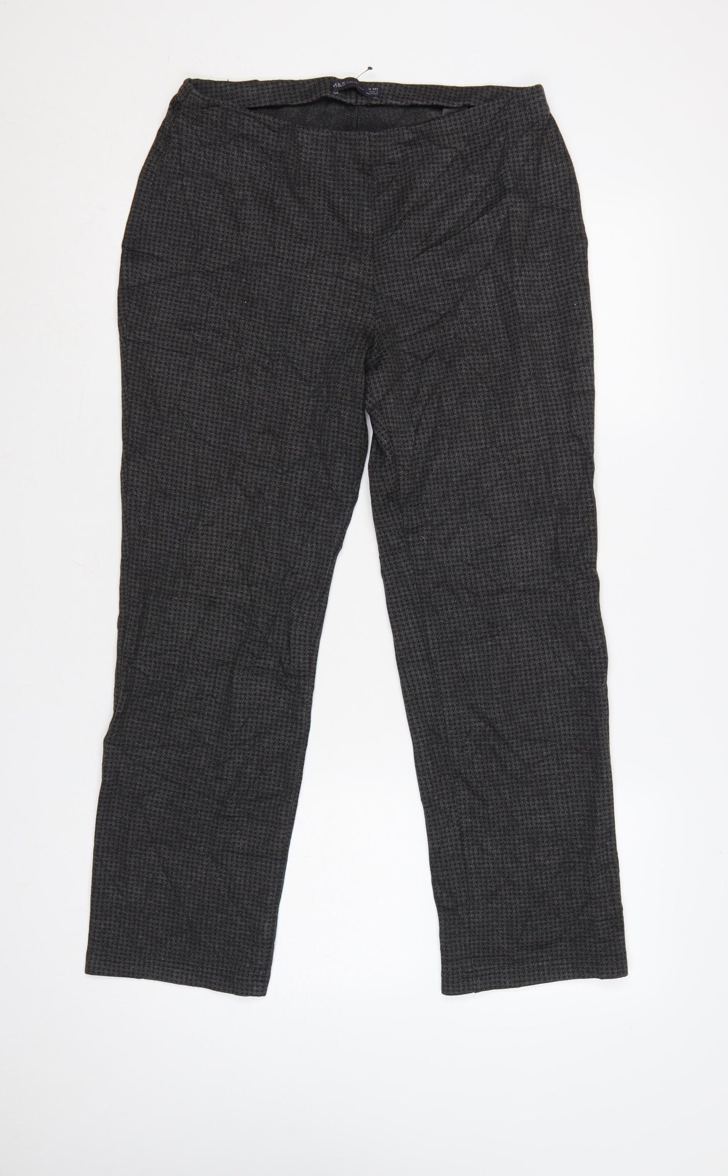 Marks and Spencer Women Grey Check Stretch Straight Trousers Size 12